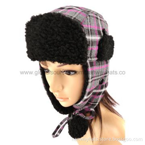 Earflaps Winter Hat with Berber Lining and Pompoms